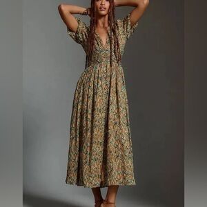 Anthropologie Green and Tan Floral Maxi Dress